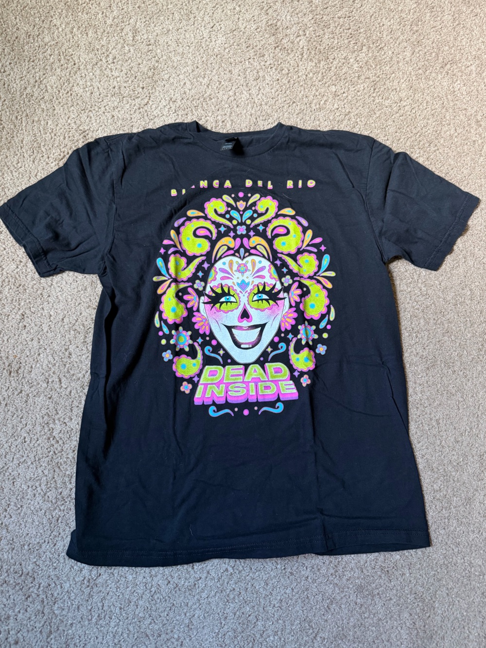 Bianca del Rio Black Graphic Tee with Neon Day of the Dead Mask